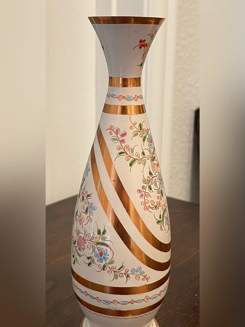 Vintage Hand-Painted Enameled Brass Floral Bud Vase - Bohemian Decor EUC